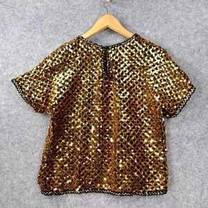 80s Vintage Sequin Party Blouse Womens M Gold Black Whimsy Gatsby Glam ADAMO USA